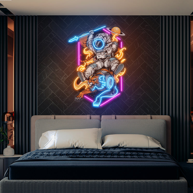 Astronaut Riding Outer Space Tiger Artwork Led Neon Sign Light