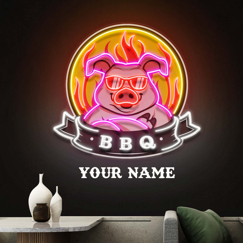 Custom Name Mascot Of Pig For BBQ In Badge Artwork Led Neon Sign Light