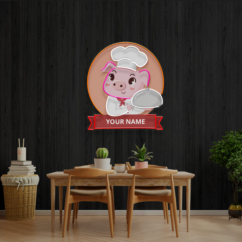 Custom Name Logo Cute And Friendly Pig Chef Holds Artwork Led Neon Sign Light