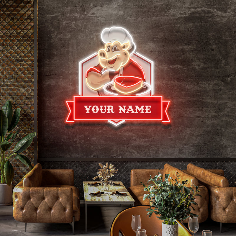 Custom Name Pig With Meat Dishes For BBQ Restaurants Artwork Led Neon Sign Light