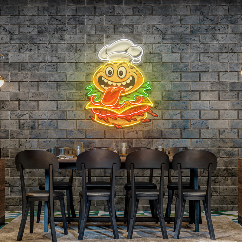Funny Burger Chef Logo Mascot Artwork Led Neon Sign Light