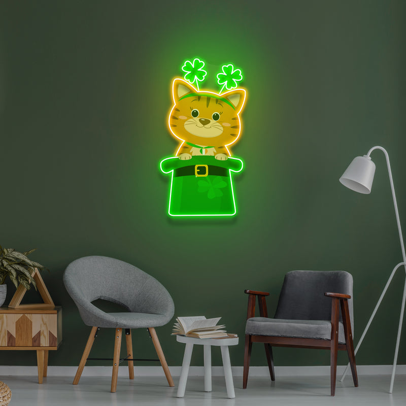 Cat Lucky Saint Patrick's Day Artwork Led Neon Sign Light