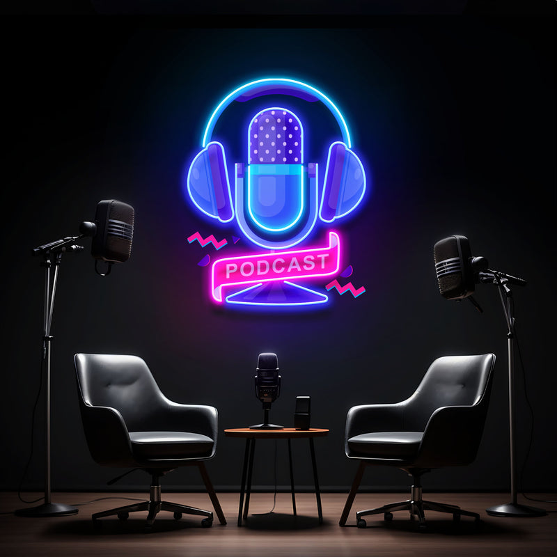 Custom Podcast LED Neon Sign artwork with Microphone and Headphones