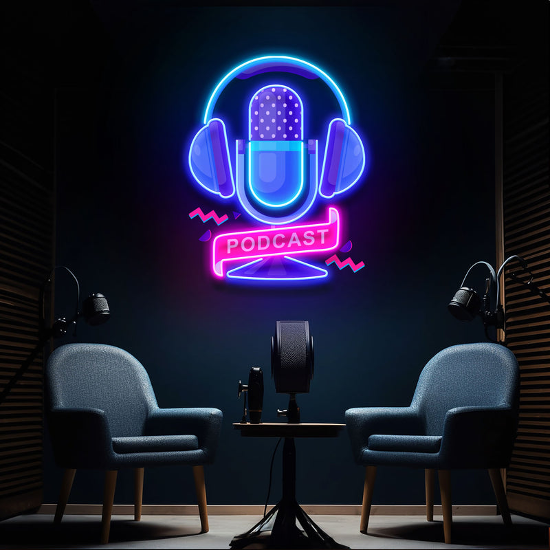 Custom Podcast LED Neon Sign artwork with Microphone and Headphones