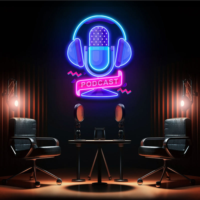 Custom Podcast LED Neon Sign artwork with Microphone and Headphones