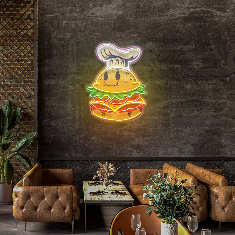 Burger Chef Food Cartoon Character Logo Mascot Artwork Led Neon Sign Light