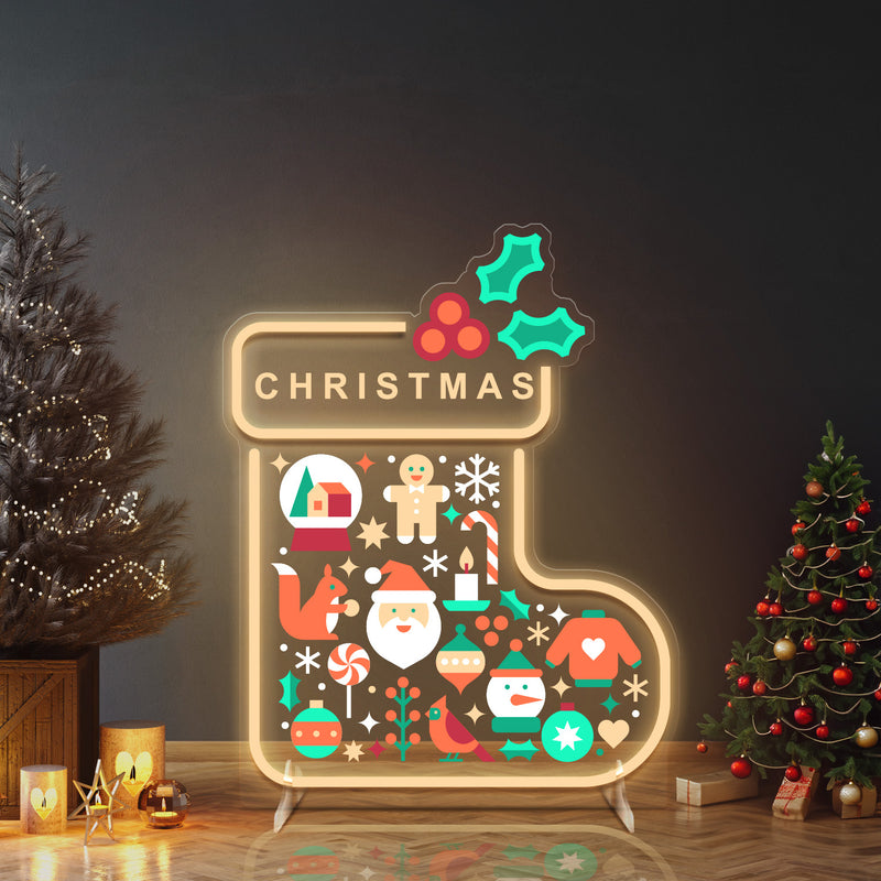 Christmas Stocking LED Neon Sign with Holiday Icons