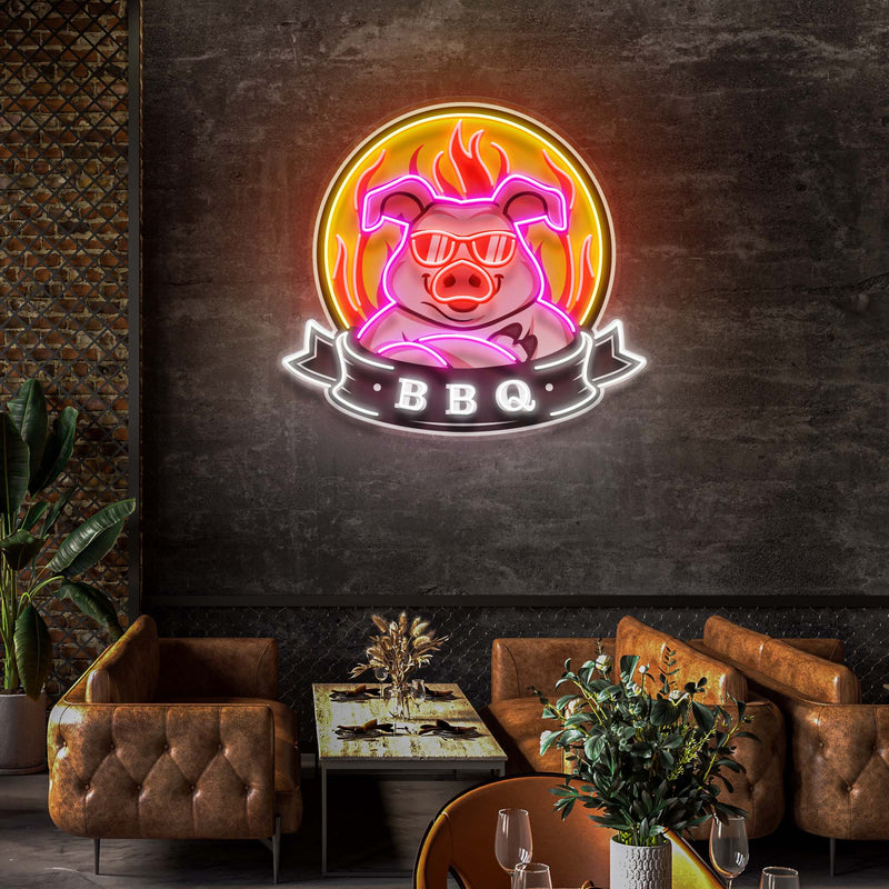 Custom Name Mascot Of Pig For BBQ In Badge Artwork Led Neon Sign Light