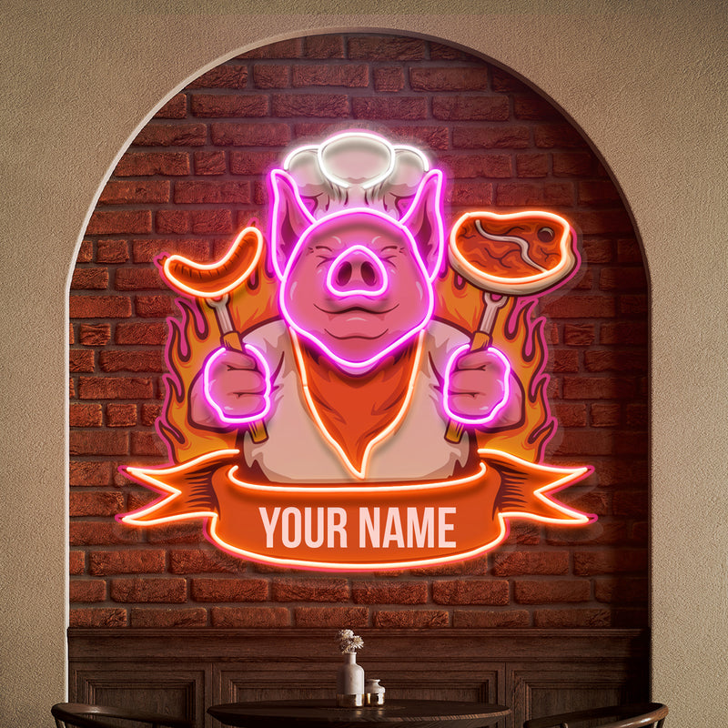 Custom Name Cute Chef Pig Delicious BBQ Meat Logo Artwork Led Neon Sign Light