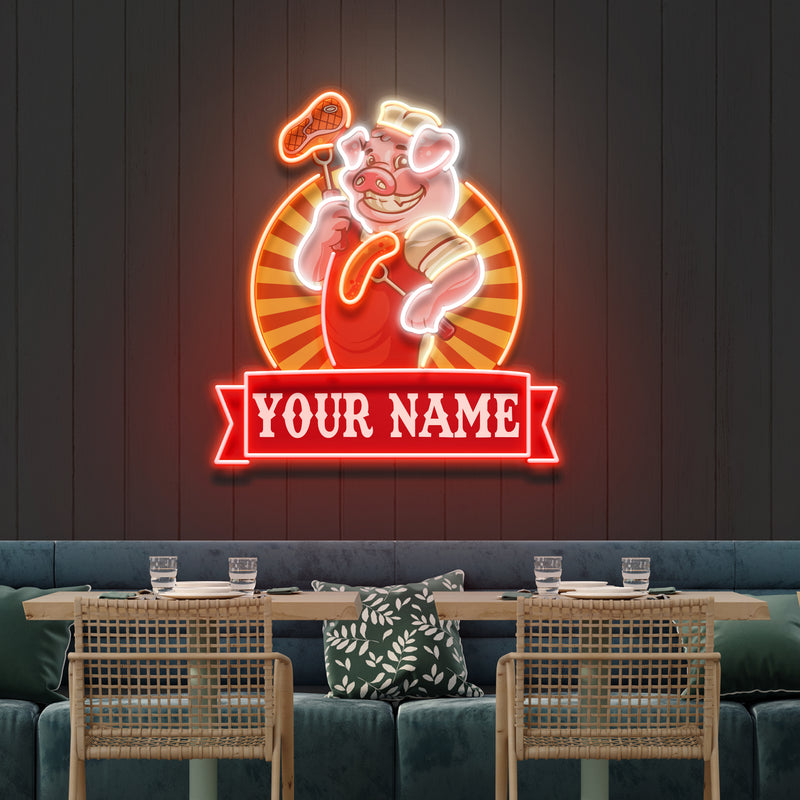 Custom Name Cute Chef Pig Holding Grill Artwork Led Neon Sign Light