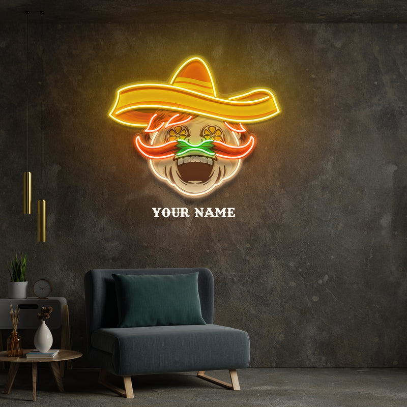Custom Name Mexican Chef Cook Sombrero With Chili Decor Artwork Led Neon Sign Light