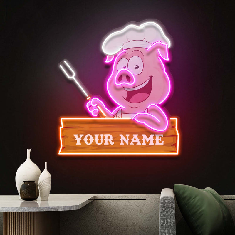 Custom Name Pig BBQ Chef Artwork Led Neon Sign Light