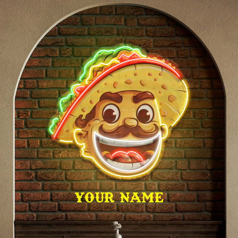 Custom Your Name Taco With A Big Smile And A Sombrero Artwork Led Neon Sign Light