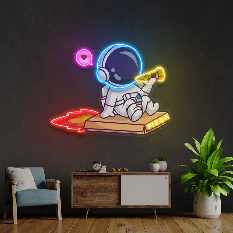 Cute Astronaut Riding Pizza Box Rocket And Eating Pizza Artwork Led Neon Sign Light