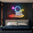 Cute Astronaut Riding Pizza Box Rocket And Eating Pizza Artwork Led Neon Sign Light