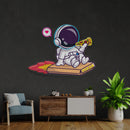 Cute Astronaut Riding Pizza Box Rocket And Eating Pizza Artwork Led Neon Sign Light