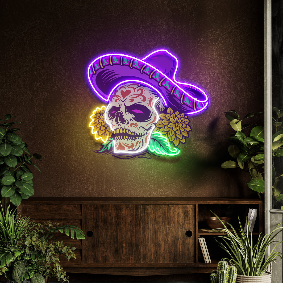 succulent skull night light Dia De Muertos Mexican Sugar Skull Artwork Led Neon Sign Light