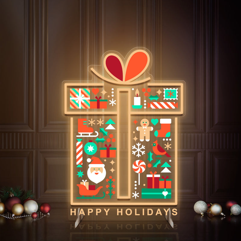 Gift Box LED Neon Sign with Holiday Icons and Happy Holidays Message