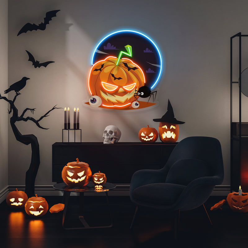 Halloween Pumpkin And Spider With Moon Artwork Led Neon Sign Light