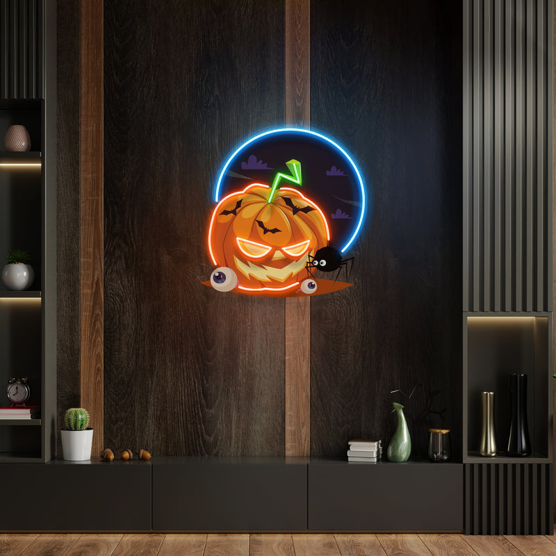 Halloween Pumpkin And Spider With Moon Artwork Led Neon Sign Light