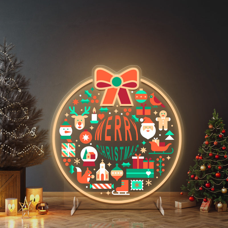 Merry Christmas LED Neon Sign with Festive Icons and Bow Accent