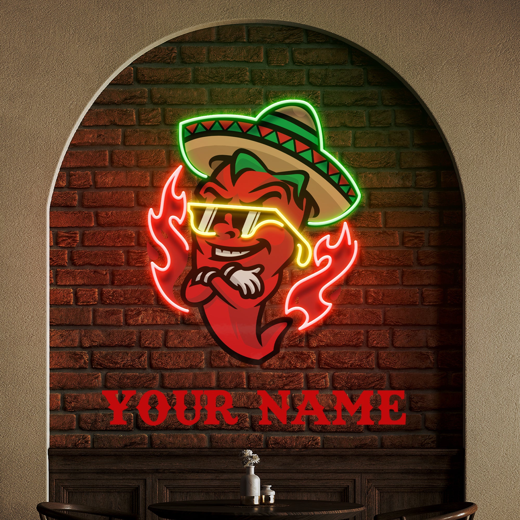 Custom Name Mexican Chili Pepper Cartoon Mascot Artwork Led Neon Sign