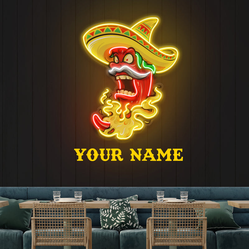 Custom Name Mexican Red Hot Chili Pepper With Hat Artwork Led Neon Sign Light