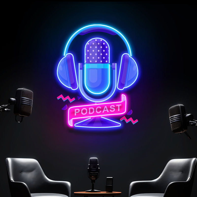 Custom Podcast LED Neon Sign artwork with Microphone and Headphones