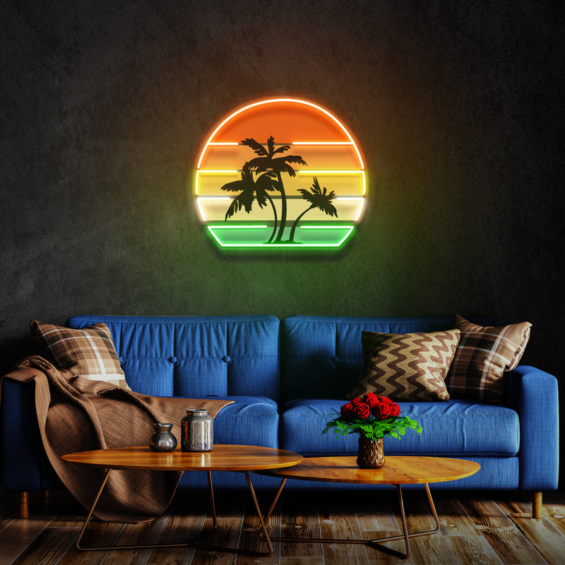 Tropical Palm Trees Retro Vintage Sunset Artwork Led Neon Sign Light