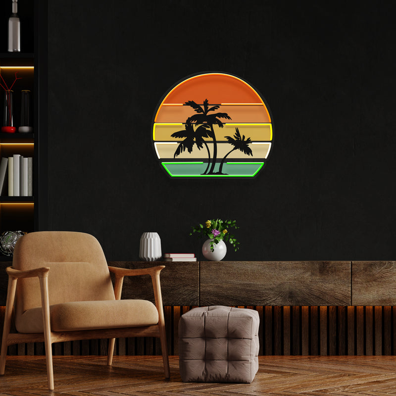 Tropical Palm Trees Retro Vintage Sunset Artwork Led Neon Sign Light