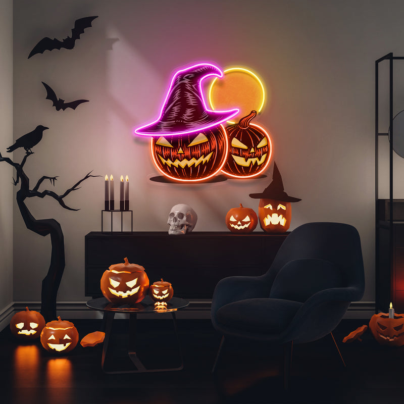 Witch And Moon Pumpkin Artwork Led Neon Sign Light