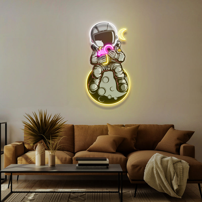Astronaut With Donut And Coffee On Moon Artwork Led Neon Sign Light
