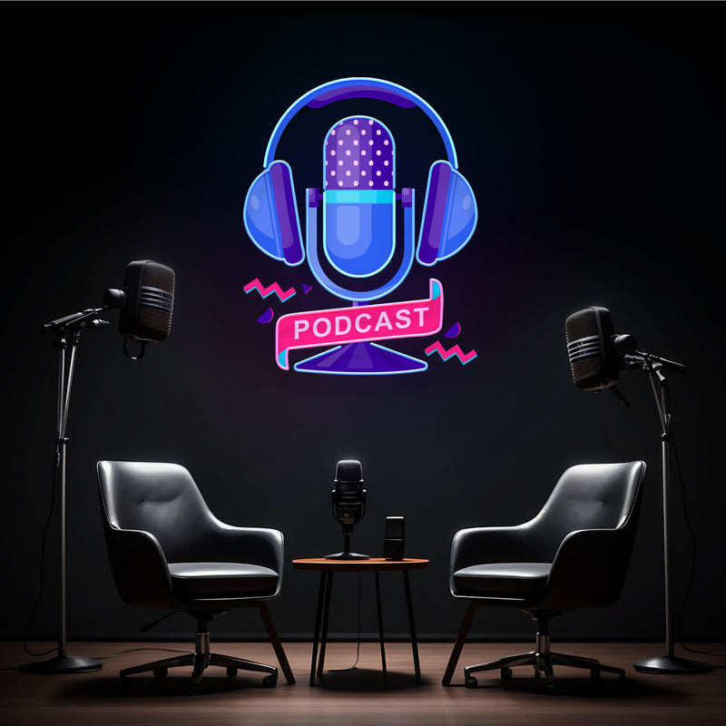 Custom Podcast LED Neon Sign artwork with Microphone and Headphones