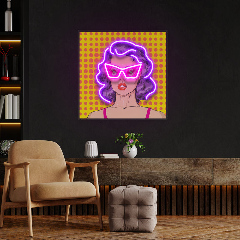 Woman In Pink Sunglasses With Dollar In Retro Pop Art Led Neon Sign Light