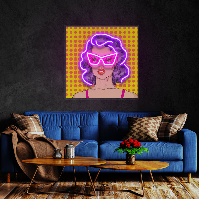 Woman In Pink Sunglasses With Dollar In Retro Pop Art Led Neon Sign Light