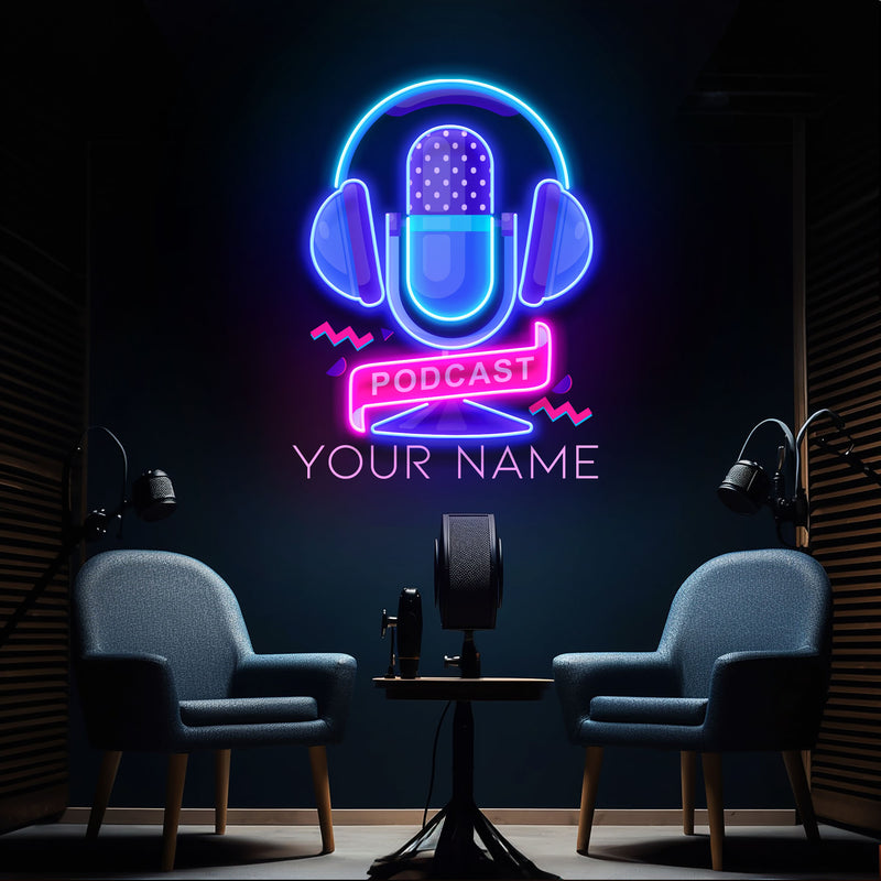 Custom Podcast LED Neon Sign artwork with Microphone and Headphones