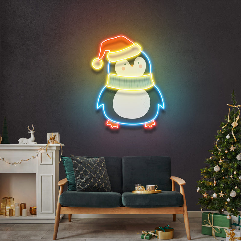 Penguin with Xmas hat Art Work Led Neon Sign Light
