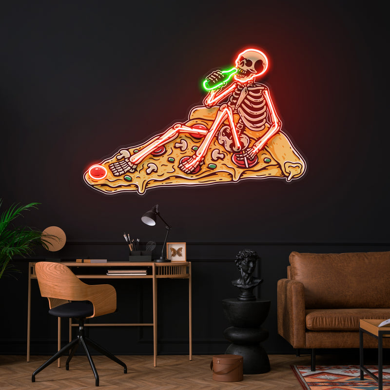 Pop Art Skull Drunk On Pizza Artwork Led Neon Sign Light
